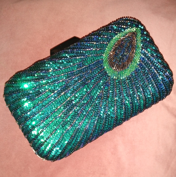 Peacock Blue Feather Retro 20s 30s Style Sequin Box Clutch Purse Crossbody Chain - Picture 6 of 16
